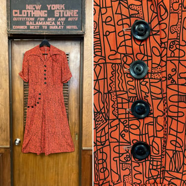 Vintage 1950’s Atomic Squiggle Print Rockabilly Rayon Pocketed Dress, Vintage 1950’s Dress, Atomic Print, Vintage Rayon Dress, Day Dress 
