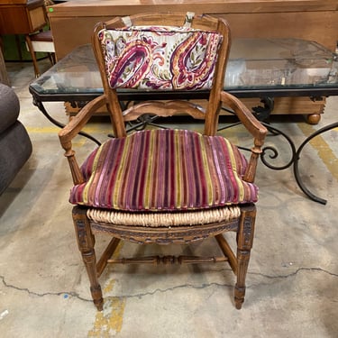 Carved Arm Chair with Rush Seat and Striped Cushion (2 Available)