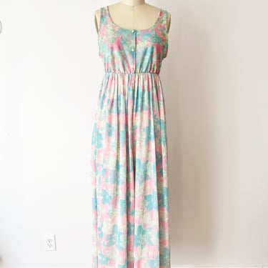 Size M / L 1970s Floral Nylon Jumpsuit / 70s Lingerie Loungewear Blue and Pink Floral / Vintage Sleeveless Romper Elastic Waist 