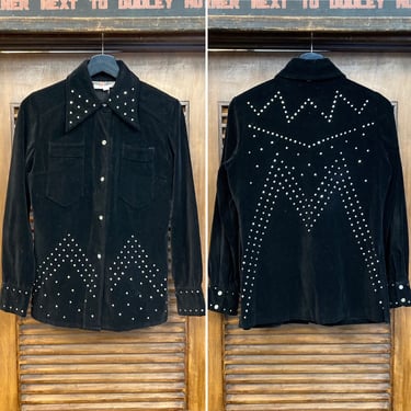 Vintage 1970’s Jet Black Glam Rhinestone Cotton Velvet Rockstar Shirt Jacket, 70’s Vintage Clothing 