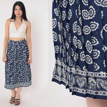 Geometric Midi Skirt 90s Blue Pleated Skirt Paisley-Esque Print Embossed Polka Dots High Waisted Summer Vintage 1990s Small S 