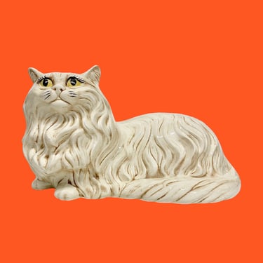 Vintage Cat Statue Retro 1980s Eclectic + White Persian Cat + Large Size + Ceramic + Homemade + Hand Painted + Home Decor + Cat Decoration 