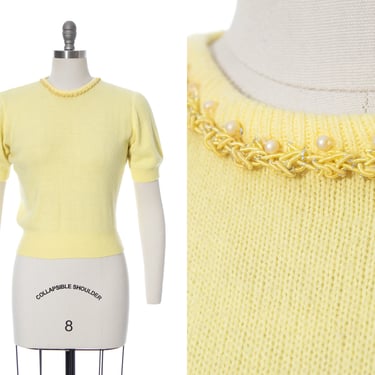 Vintage 1950s 1960s Sweater Top | 50s 60s Knit Acrylic Beaded Light Yellow Short Sleeve Pullover Shirt (small/medium) 