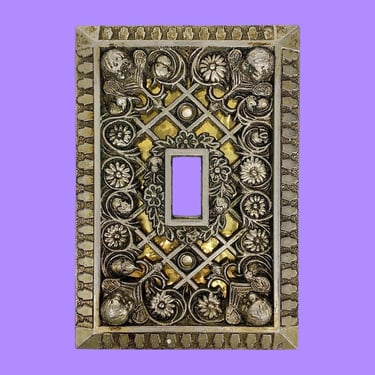 Vintage Light Switch Cover Retro 1960s Hollywood Regency + Cherubs and Flowers Design + Gold Metal + Single Switch Plate + Wall Light Decor 