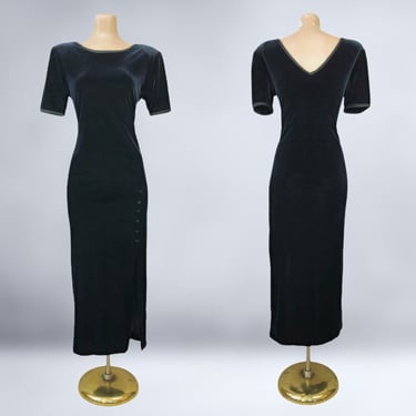 VINTAGE 80s Stretch Velvet Midi Dress Black and Green by Nina Piccalino | 80s Curvy Front Slit Bombshell Wiggle Dress | VFG 