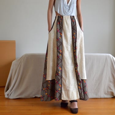 patchwork 70s maxi skirt with elastic waistline and eyelet 