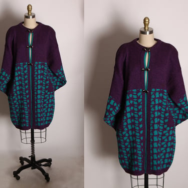 1980s Purple and Blue Animal Print Long Sleeve Button Up Thigh Length Cardigan Sweater -XL 