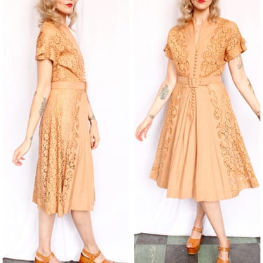 1940s Tan Linen & Lace Dress - Medium 