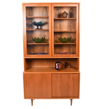 42″ Danish Teak 2-Pc Storage | Sliding Glass Door Display Cabinet | Bookcase w. Adj Shelves