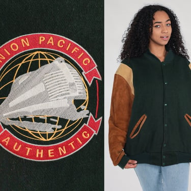 Union Pacific Authentic Jacket 80s 90s Railroad Train Leather Wool Varsity Jacket Letterman Bomber Coat Sports Green Vintage Extra Large xl 