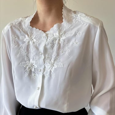 vintage blouse silky blouse embroidered shirt floral beaded minimalist top secretary blouse white button down vintage shirt 80s size M 