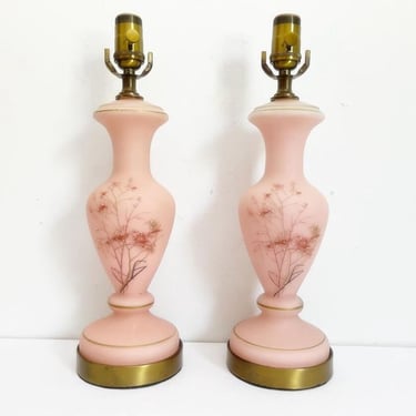 1950s Floral Glass Urn Lamps - Pair 