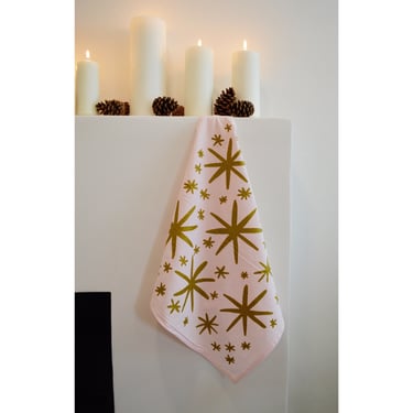 screen printed tea towel. glitter starburst on pink. flour sack cotton. ecofriendly. boho home. hostess gift. holiday. christmas. winter. 