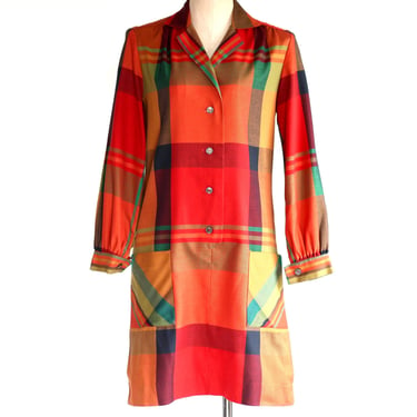 1960s Plaid Shift Dress with Pockets - Vintage Alice of California Collared Shirt Dress - Medium 