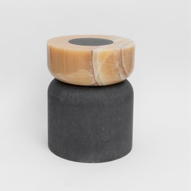 Bespoke Black Lava Stone &amp; Warm Onyx Graphic Modern Round Stool/Sidetable