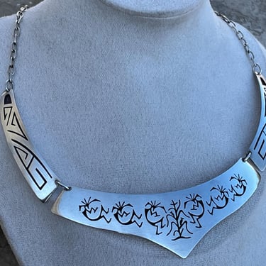 Chuck Lindsay ~ Vintage Navajo Sterling Silver Overlay Kokopelli Wide Three Plate Bib Necklace - 18 Inches 