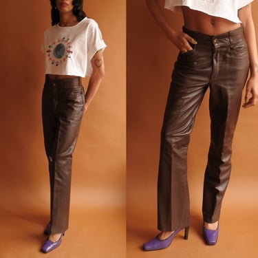 Vintage 70s Dark Brown Leather Pants/ 1970s High Waisted Straight Leg/ 32 
