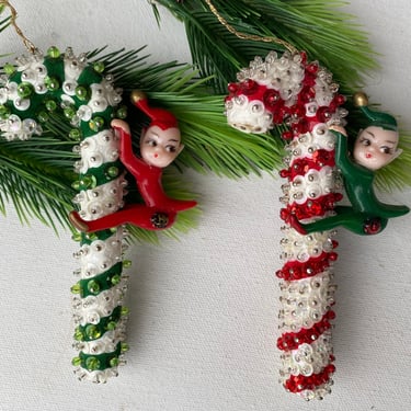 Vintage Plastic Elf Climber Candy Canes, Sequined Red And Green, Christmas Ornaments, YOUR CHOICE 