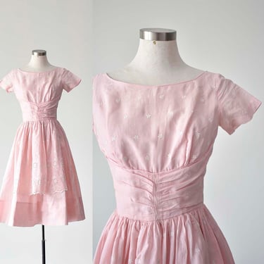 Vintage 1950s Party Dress / Pink 50s Party Dress / Eyelet Lace 1950s Party Dress / Vintage Party Dress 