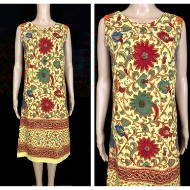 Vintage 1960's Beautiful Symmetrical Floral Filigree Mod Ethnic Hippie Shift Dress - size XS to Small 