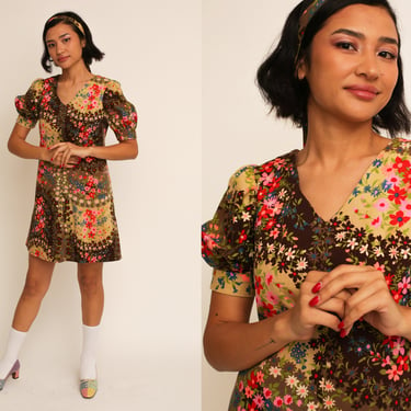 Vintage 1960s 60s Brown Floral Technicolor Psychedelic Mini Dress w/ Puff Sleeves, Metal Zipper and Matching Headband Waist Tie 