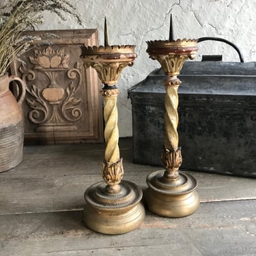 18th C French Pricket Candlesticks, Gilded Carved Wood, Antique, Architectural, Classic, Pair 