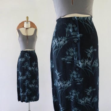 dark button front skirt - 30 - vintage y2k dark blue floral midi cute cottage cottagecore long womens skirt 