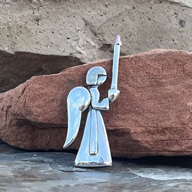 Los Castillo ~ Vintage Taxco Sterling Silver Guardian Angel Carrying a Candle  Pin / Brooch c. 1950's 