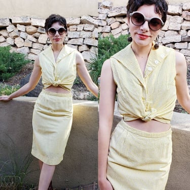 1960s Yellow Striped Seersucker Skirt Suit / 60s Sleeveless Summer Skirt and Sailor Collar Blouse Set / Small / Campana 
