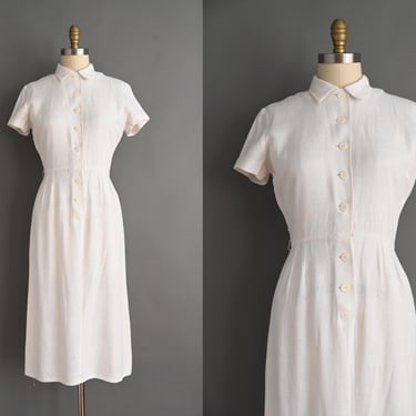 vintage 1950s Dress | Classic White Cotton Linen Shirtwaist Dress | Small 