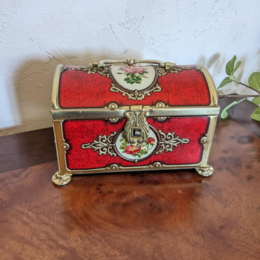 Vintage Red Floral Ornate Metal Footed Storage Box 