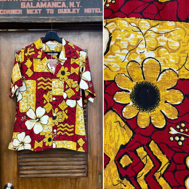 Vintage 1960’s Size XL Tiki Barkcloth Floral Pop Art Hawaiian Shirt, 60’s Camp Collar Shirt, Vintage Clothing 