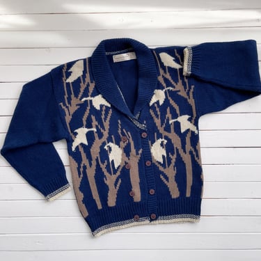 cottagecore sweater 80s vintage Alexandra Bartlett navy blue wool bird trees embroidered cardigan 