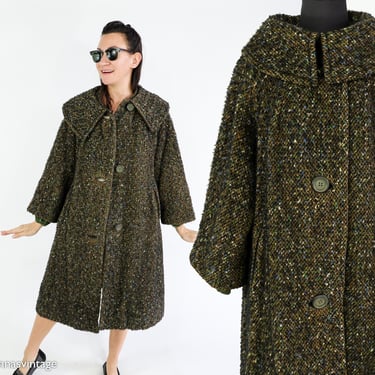 1960s Olive Green Tweed Wool Coat | 60s Olive Wool Tweed Coat | Kerrybrooke | Large 
