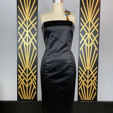 1990s cocktail dress, hourglass, vintage 90s dress, strapless, black satin, small, LBD, pencil, pin up style, 90s does 50s, 1950s style, 27 
