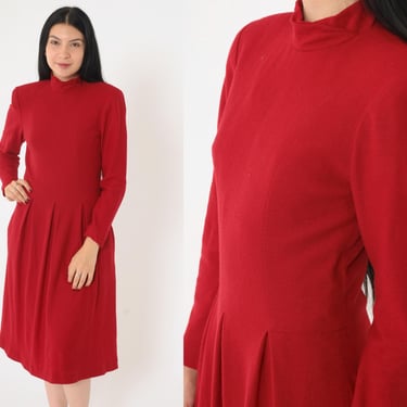 80s Red Wool Dress Mock Neck Midi Dress Plain Low Waist Pleated Skirt Pocket Dress Secretary 1980s Vintage Long Sleeve Solid Basic Small 6 
