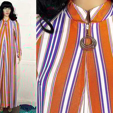 Vintage Kaftan Robe Zip Front Maxi Long Sleeve Striped Chevron Stripe Costume Halloween Pajamas Housecoat Mod A-Line 1970s 1960s Medium 