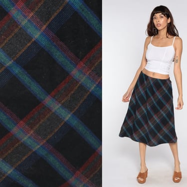 Wool Plaid Skirt 70s Tartan Skirt Midi Kilt School Girl Black Blue High Waist Checkered Retro Vintage Lolita Red Medium Large 