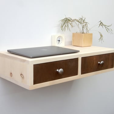 Floating Wall Mounted Desk with 2 drawers, Hanging Shelf with Storage 