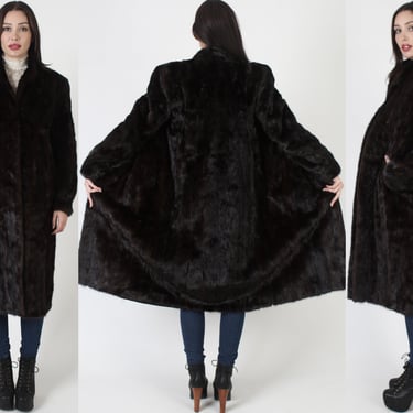 Mid Length Mink Coat Mahogany / Real Espresso Fur Jacket With Pockets / Vintage 70s Long Luxurious Overcoat 
