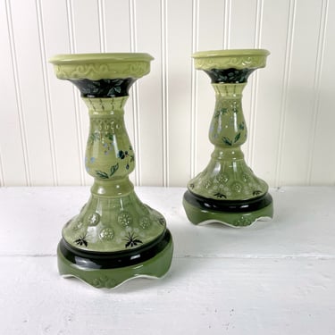 Tracy Porter Cortland ceramic candlestick pair - green floral pattern 
