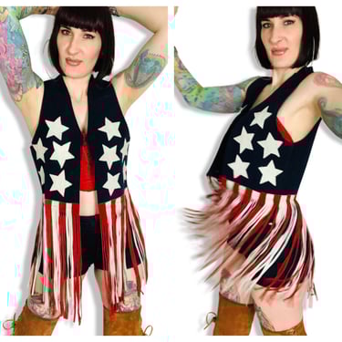 RARE Vintage 60s 70s American Flag Red White Blue Stars & Stripes Suede Fringe Vest 