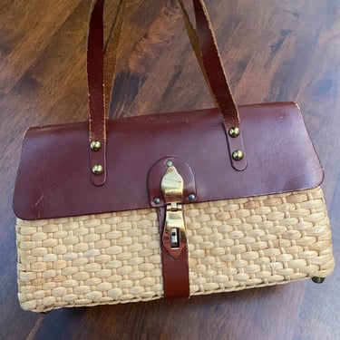 Vintage Straw and Leather Purse Top Handle Bag 