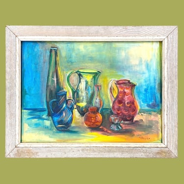 Vintage Still Life Painting 1970s Retro Size 20x29 Mid Century Modern + Bottles + Artist A. Boyer + Acrylic + Hardboard + Wall Art + Decor 