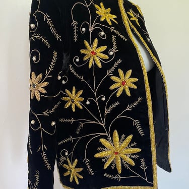 Size 16 XL vintage Embellished jeweled DRESS and BOLERO long sleeve gold beaded jacket x black cocktail dress jewel colored two piece dress 