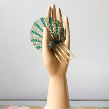 Antique 1920's Art Deco Hair Comb with Emerald Rhinestones