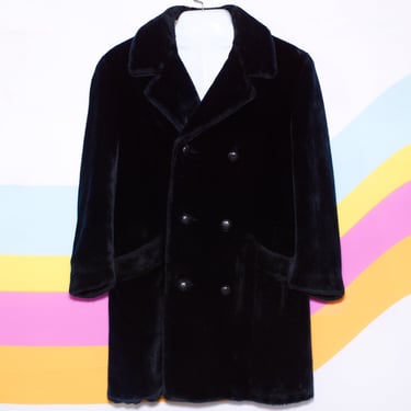 Vintage 1960s Mens Black Faux Fur Coat | Size 38 