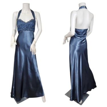 Dave & Johnny 1990s Slate Blue Rayon Satin Long Halter Dress I Sz Lrg I Prom 