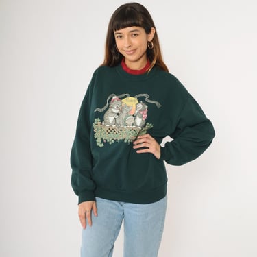 90s Christmas Cat Sweatshirt Holiday Carol Morning Sun Graphic Shirt Animal Sweater Kitten Pullover Xmas Forest Green Vintage 1990s Large L 