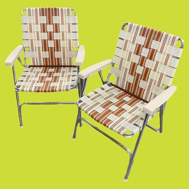 Vintage Lawn Chair Set Retro 1980s Outdoor Seating + Cream/Tan/Brown + Webbed Straps + Silver Aluminum Frame + Plastic Armrests + Fold Up 